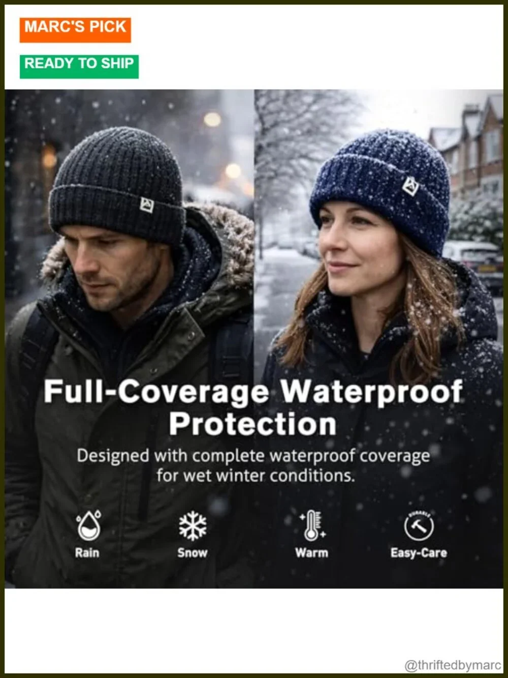 Waterproof Polartec Fleece Lined Merino Wool Cuffed Beanie Hat Winter Warm
